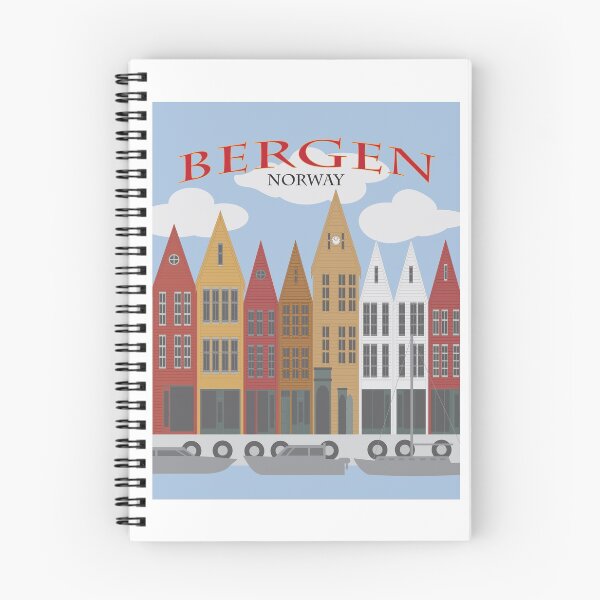 Item preview, Bergen Norway downtown waterfront colorful wooden houses shopping district poster illustration designed and sold by jpldesigns.