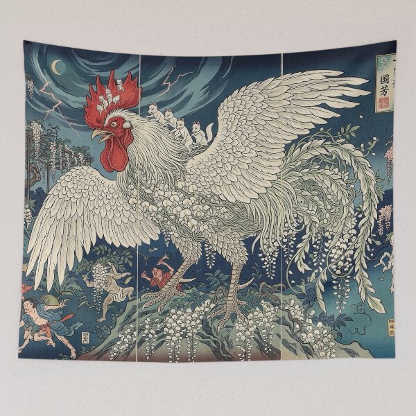 Item preview, Giant Rooster and Yokai - Japanese Ukiyo-e Woodblock Art designed and sold by manbou-japan.