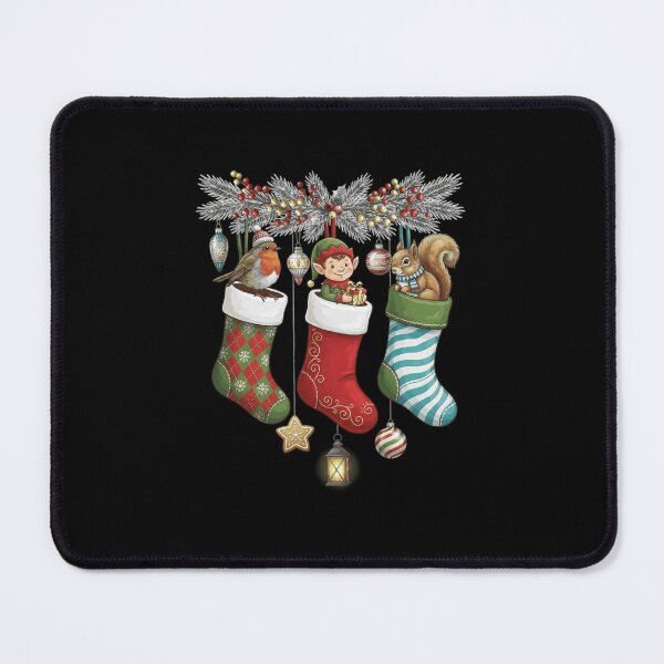 Item preview, Robin Elf and Squirrel in Christmas Holiday Stockings designed and sold by MiALopezArt.