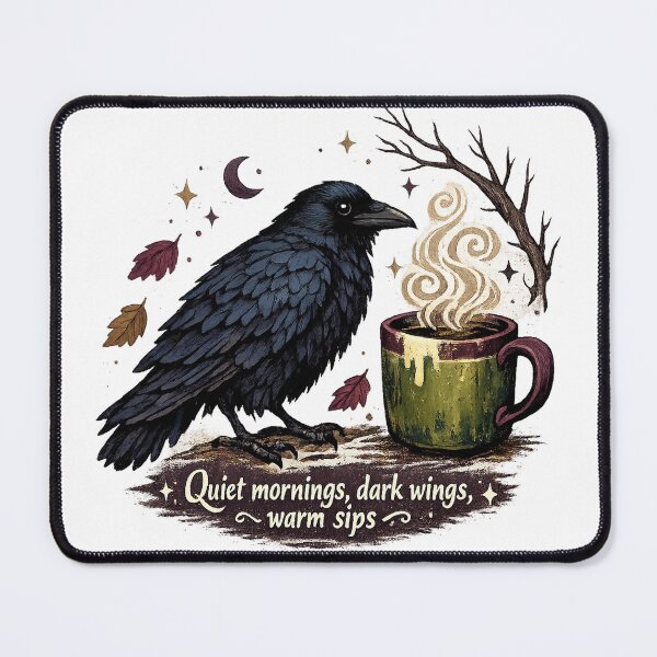 Item preview, Quiet Mornings Dark Wings Warm Sips Raven Coffee Gothic Autumn Art designed and sold by inkoutninja.