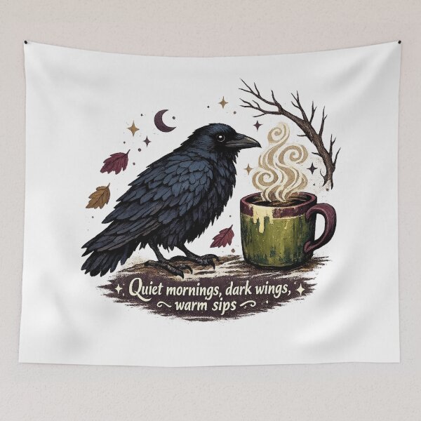 Item preview, Quiet Mornings Dark Wings Warm Sips Raven Coffee Gothic Autumn Art designed and sold by inkoutninja.