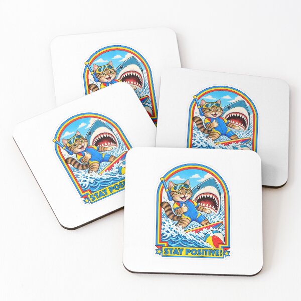 Item preview, Stay Positive Surfing Cat and Shark Retro Sticker designed and sold by InspireHerTribe.