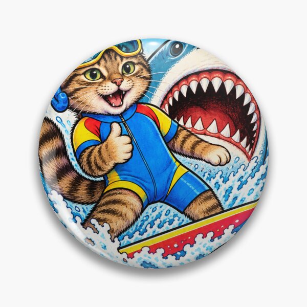 Item preview, Stay Positive Surfing Cat and Shark Retro Sticker designed and sold by InspireHerTribe.