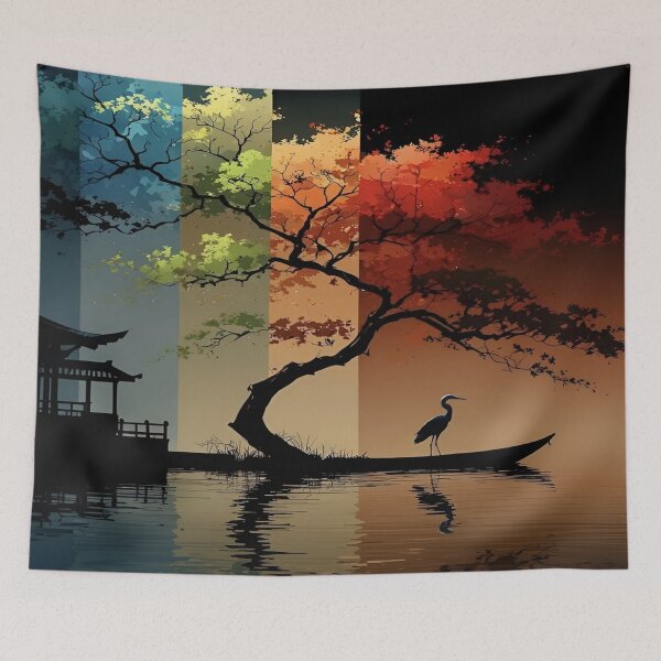 Item preview, A Multicolored Sunset Landscape with a Majestic Bird with Tree Reflecting in a Tranquil Water Asia Art Digital Illustration designed and sold by Matt_Smith.