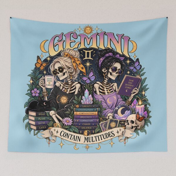 Item preview, Gemini Zodiac Skeletons in Color – Contain Multitudes Celestial Astrology Art designed and sold by NinthLantern.