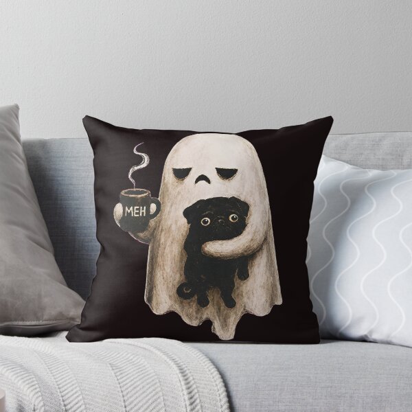 Item preview, Grumpy Ghost Holding Black Pug Meh Coffee Halloween designed and sold by ImeldaSparks.