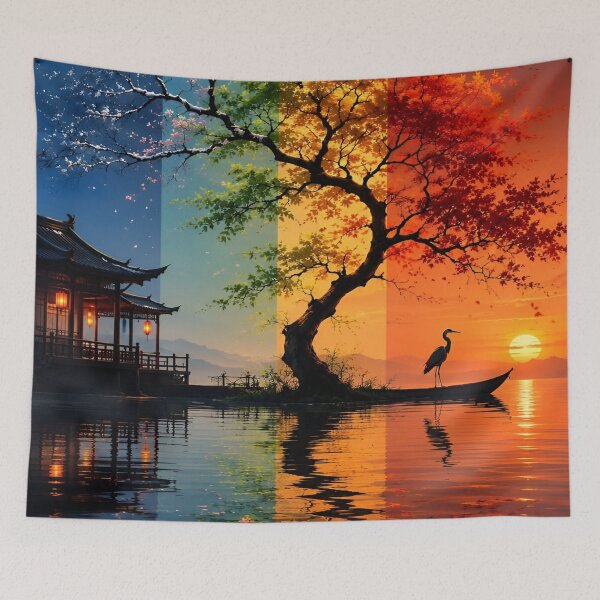 Item preview, A Multicolored Sunset Landscape with a Majestic Bird with Tree Reflecting in a Tranquil Water Asia Art Digital Illustration designed and sold by Matt_Smith.