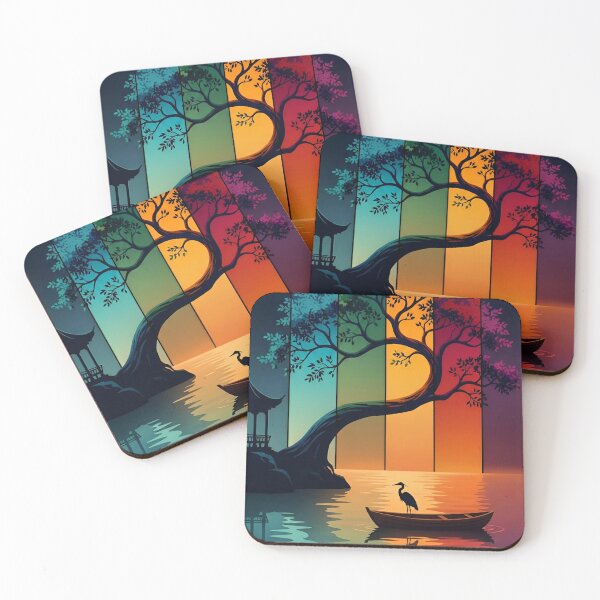 Item preview, A Multicolored Sunset Landscape with a Majestic Bird with Tree Reflecting in a Tranquil Water Asia Art Digital Illustration designed and sold by Matt_Smith.