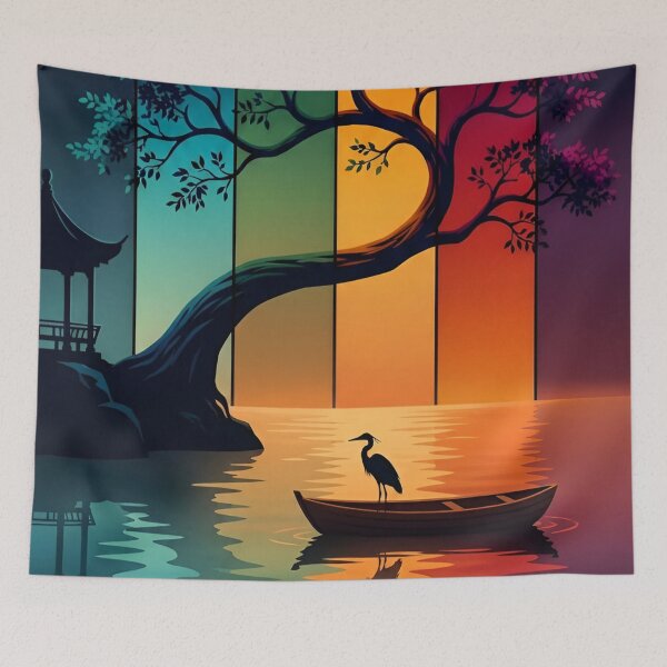 Item preview, A Multicolored Sunset Landscape with a Majestic Bird with Tree Reflecting in a Tranquil Water Asia Art Digital Illustration designed and sold by Matt_Smith.