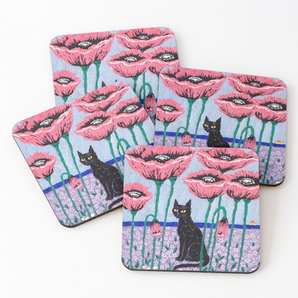Item preview, Black Cat in a Pink Poppy Field designed and sold by KiraChie.