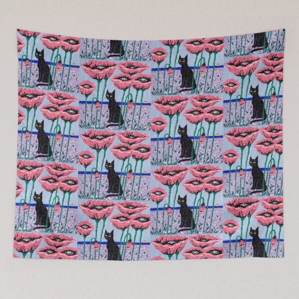 Item preview, Black Cat in a Pink Poppy Field designed and sold by KiraChie.