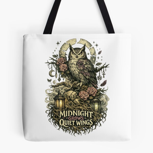 Item preview, Midnight Grows Quiet Wings Gothic Owl Dark Cottagecore Moonlit Botanical Art designed and sold by inkoutninja.