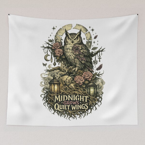 Item preview, Midnight Grows Quiet Wings Gothic Owl Dark Cottagecore Moonlit Botanical Art designed and sold by inkoutninja.