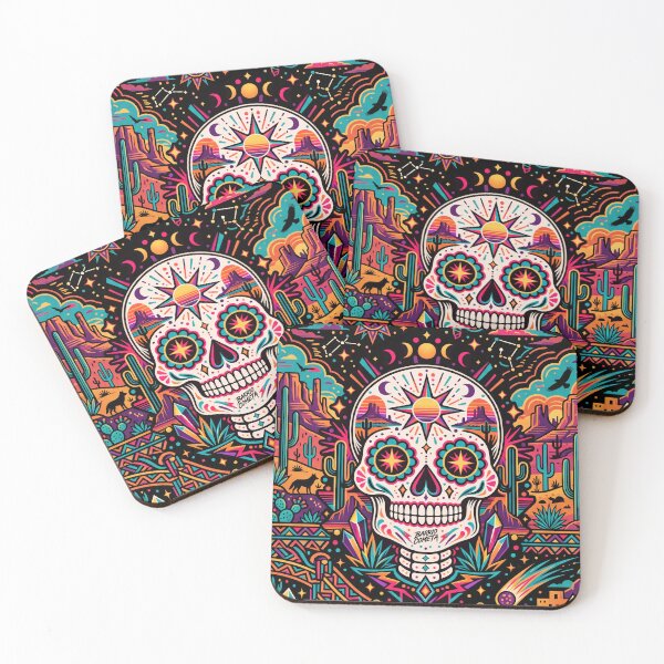 Item preview, Neon Desert Sugar Skull – Mexican Folk Art Calavera with Cactus & Cosmic Sun designed and sold by Barrio Cometa.