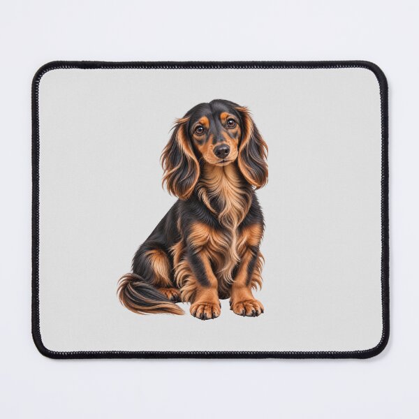 Item preview, Long haired dachshund mini Dog black and tan designed and sold by BackgroundND.
