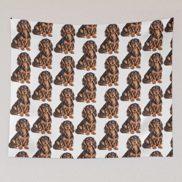 Item preview, Long haired dachshund mini Dog black and tan designed and sold by BackgroundND.
