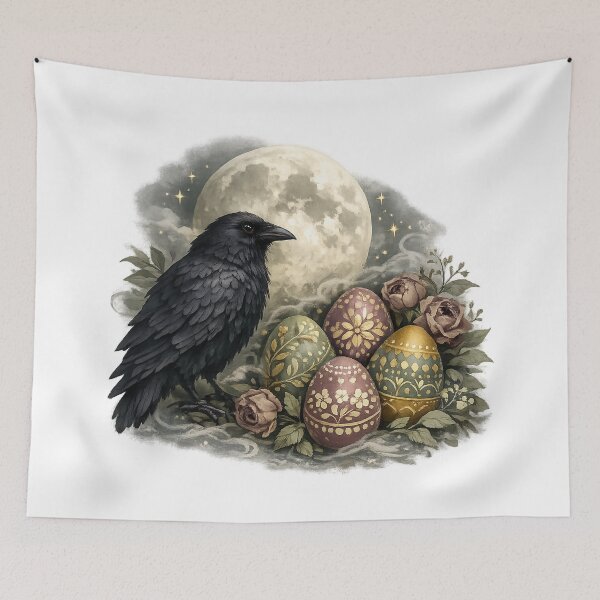 Item preview, Gothic Easter Raven Full Moon Decorated Eggs Dark Cottagecore Spring Art designed and sold by inkoutninja.