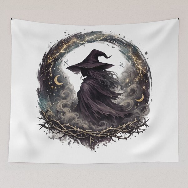 Item preview, Moonlit Witch Gothic Celestial Dark Fantasy Thorn Circle Halloween Art designed and sold by inkoutninja.