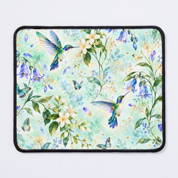 Item preview, Hummingbirds and Bluebells in an Aqua Floral Garden designed and sold by Yeanishi.