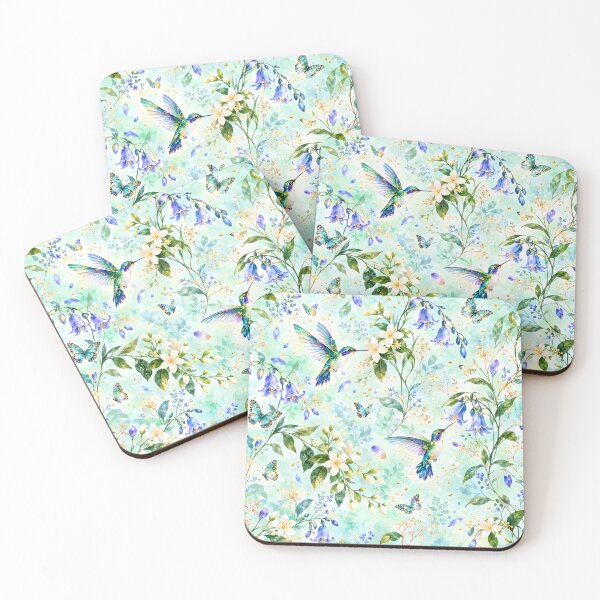 Item preview, Hummingbirds and Bluebells in an Aqua Floral Garden designed and sold by Yeanishi.