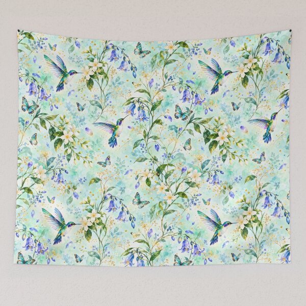 Item preview, Hummingbirds and Bluebells in an Aqua Floral Garden designed and sold by Yeanishi.
