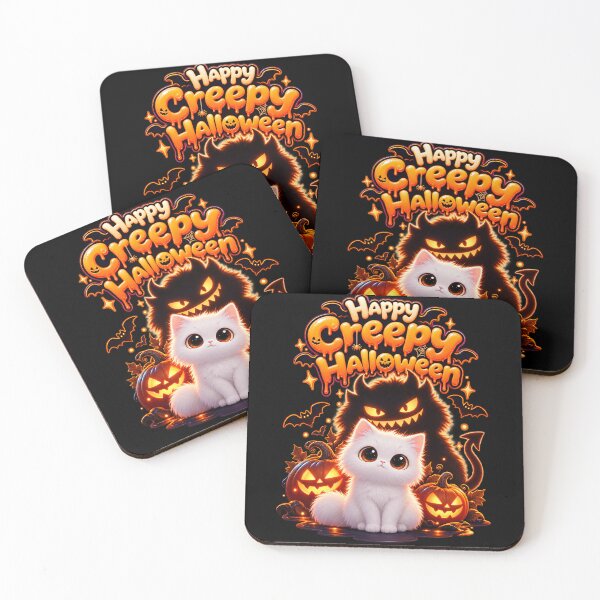 Item preview, Happy Creepy Halloween – Cute White Cat & Spooky Shadow Monster designed and sold by IMuDesigner.