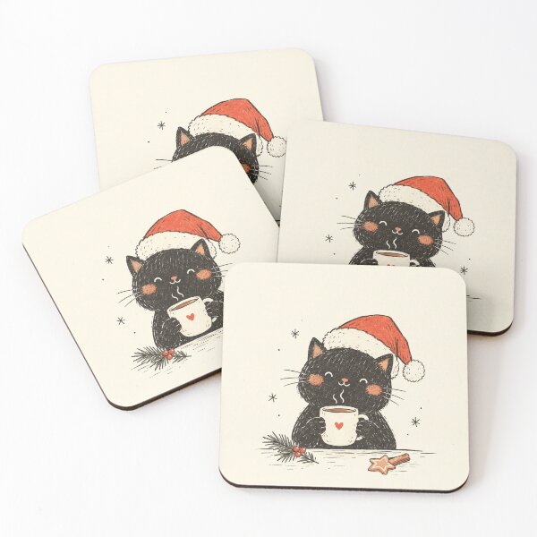 Item preview, Cozy Christmas Black Cat Drinking Coffee designed and sold by mayatA-rt.
