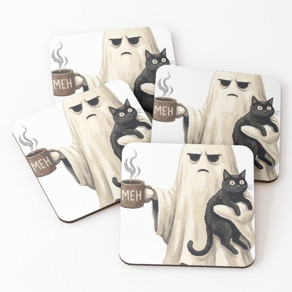 Item preview, Meh Unenthusiastic Ghost Black Cat Halloween Coffee Lover designed and sold by ZAbiriarto.