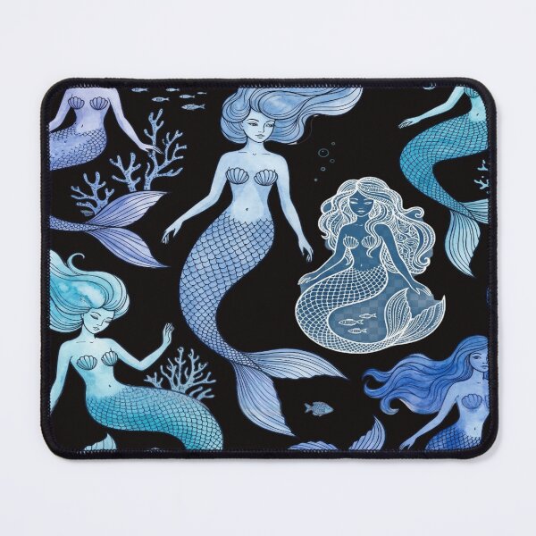 Item preview, Blue Sirens Deep Ocean Mermaids Line Art Watercolor designed and sold by robertronda1.