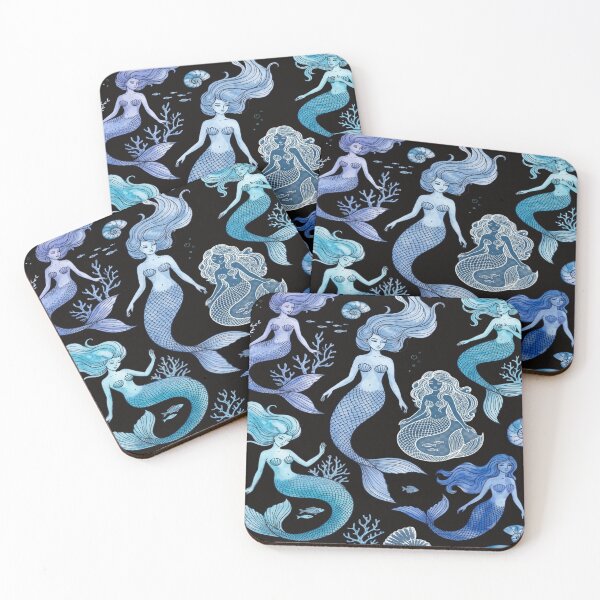 Item preview, Blue Sirens Deep Ocean Mermaids Line Art Watercolor designed and sold by robertronda1.