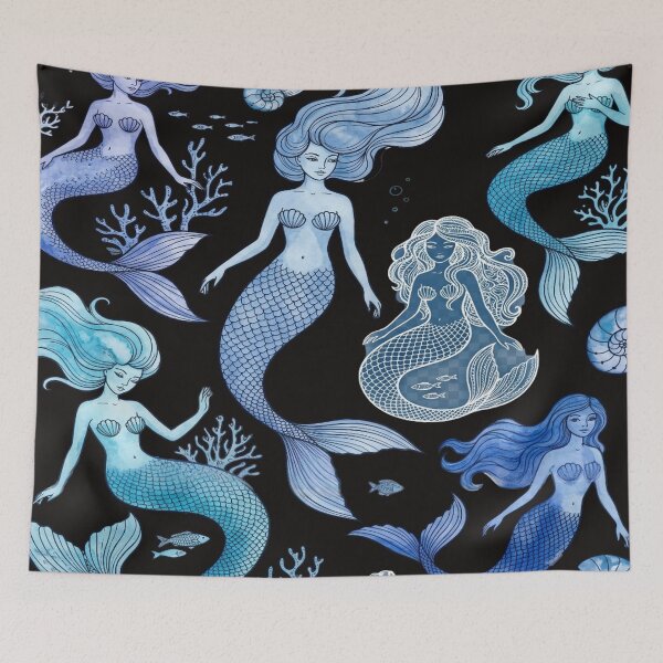 Item preview, Blue Sirens Deep Ocean Mermaids Line Art Watercolor designed and sold by robertronda1.