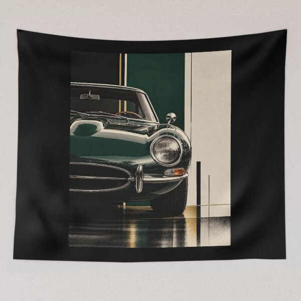 Item preview, Classic green car parked in a modern garage with colored walls designed and sold by Jerhus.
