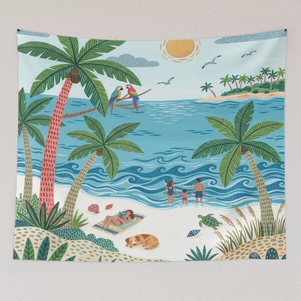 Item preview, Sunny Beach Day - Tropical Coast Folk Gouache Illustration designed and sold by robertronda1.