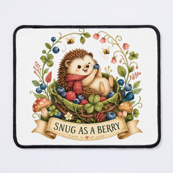 Item preview, Snug as a Berry Cute Hedgehog Cottagecore Woodland Berry Basket Art designed and sold by inkoutninja.
