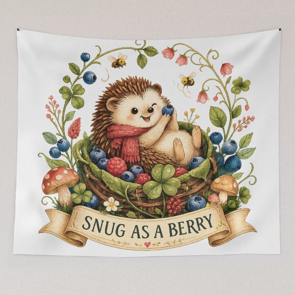 Item preview, Snug as a Berry Cute Hedgehog Cottagecore Woodland Berry Basket Art designed and sold by inkoutninja.
