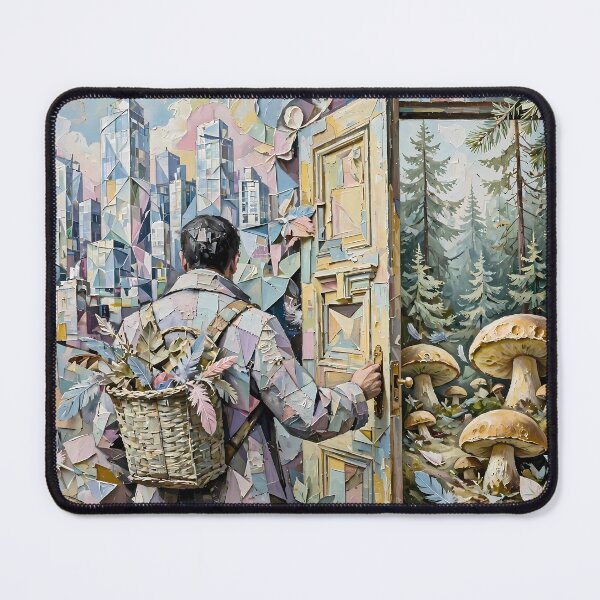 Item preview, Man Opening Surreal Door Between City and Mushroom Forest designed and sold by m-y-A-I-A-R-T-.