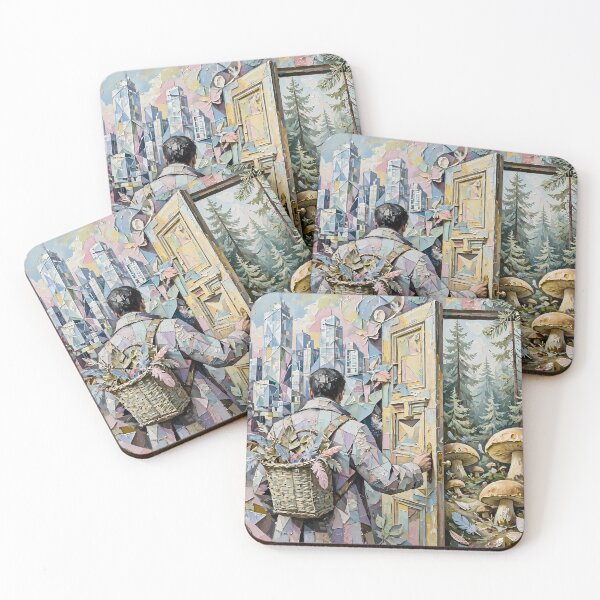 Item preview, Man Opening Surreal Door Between City and Mushroom Forest designed and sold by m-y-A-I-A-R-T-.