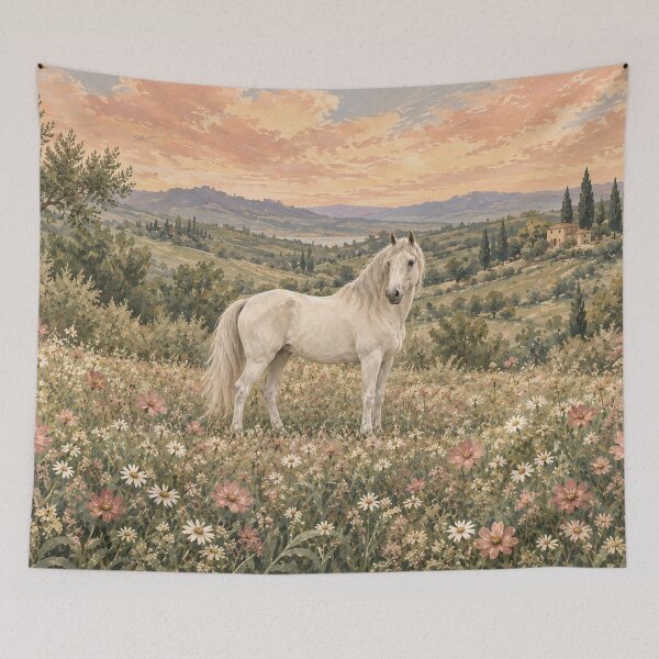 Item preview, White Horse in a Wildflower Meadow - Romantic Country Landscape designed and sold by Glottopia.