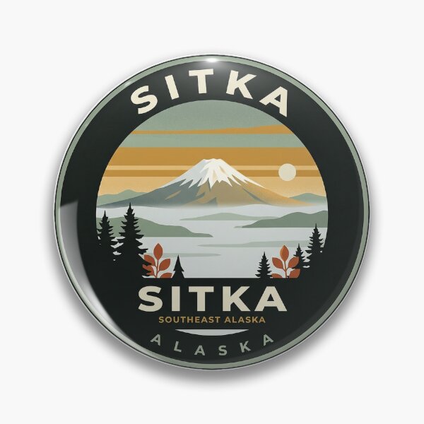 Item preview, Sitka Alaska Autumn Mount Edgecumbe Round Badge Sticker designed and sold by DetourDgn.