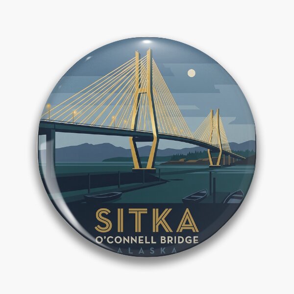 Aperçu de l'œuvre Autocollant emblème Art déco du pont O'Connell de Sitka, Alaska créée et vendue par DetourDgn.