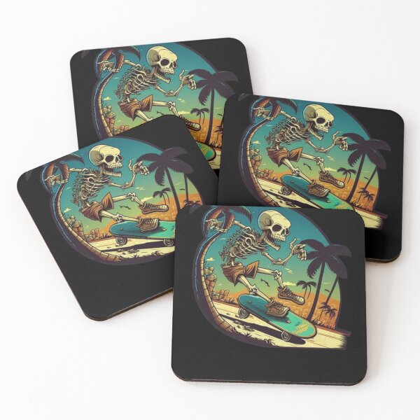 Item preview, Spooky Skeleton Skateboarding Tropical Beach Sunset Art designed and sold by RileyDaplyn.
