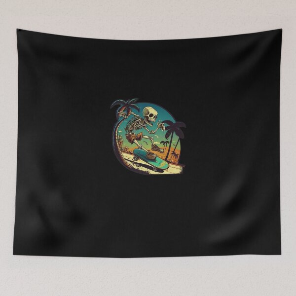 Item preview, Spooky Skeleton Skateboarding Tropical Beach Sunset Art designed and sold by RileyDaplyn.