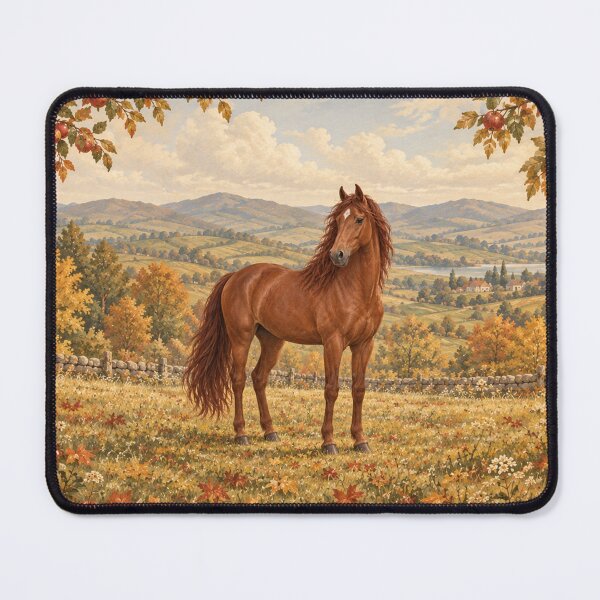 Item preview, Chestnut Horse in an Autumn Apple Orchard - Vintage Country Art designed and sold by Glottopia.