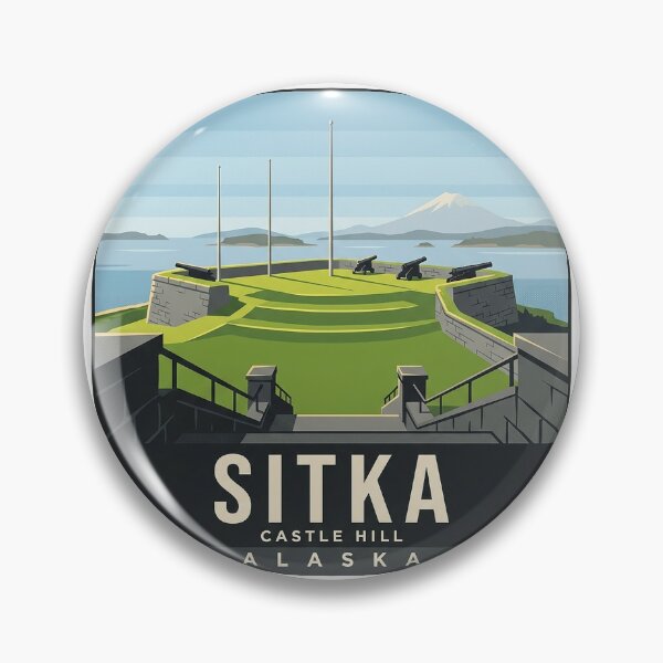 Aperçu de l'œuvre Autocollant vintage du site historique de Castle Hill à Sitka, en Alaska créée et vendue par DetourDgn.