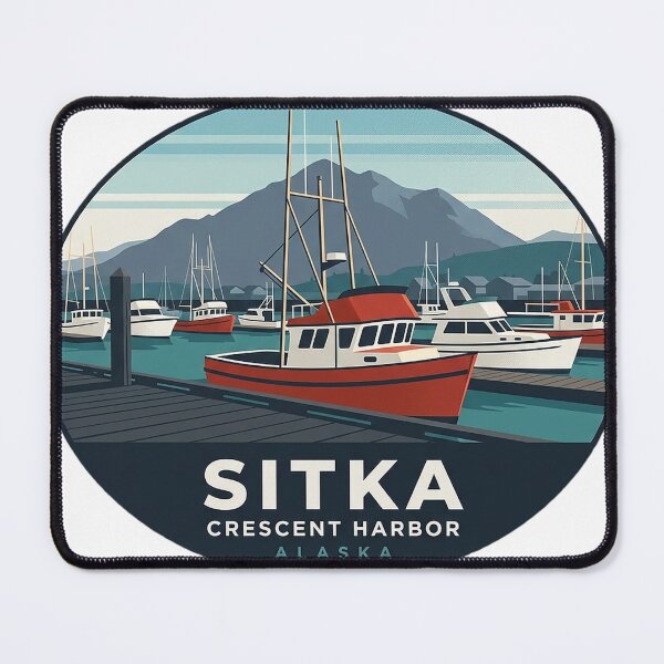 Item preview, Sitka Alaska Crescent Harbor Fishing Boats Retro Sticker designed and sold by DetourDgn.