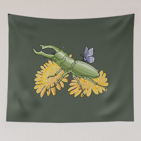 Item preview, Stag Beetle Art on Wildflowers with Butterfly Cottagecore Art  designed and sold by LeshanArt.