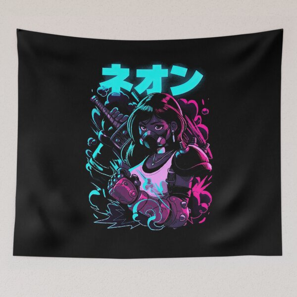 Item preview, Neon Cyberpunk Anime Warrior Girl Gas Mask Sword Design designed and sold by luffyShop1.