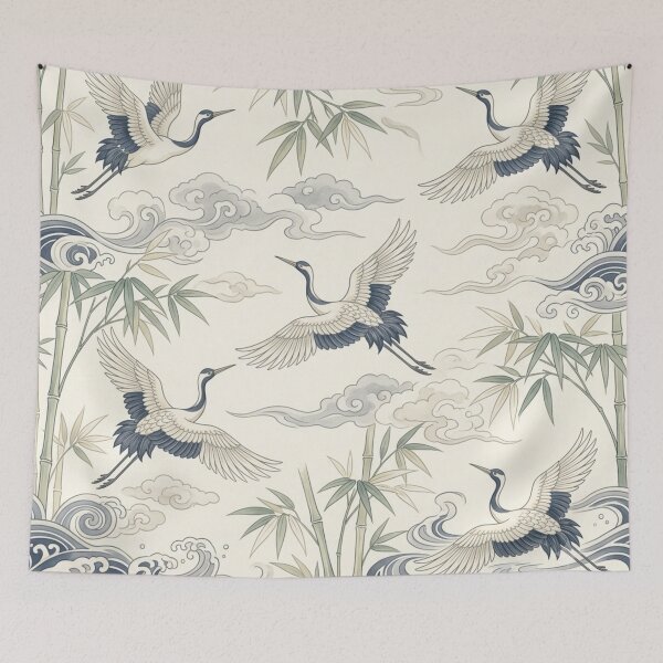 Item preview, Japanese Crane Bamboo Seamless Wave Pattern designed and sold by ShivCraftStudio.
