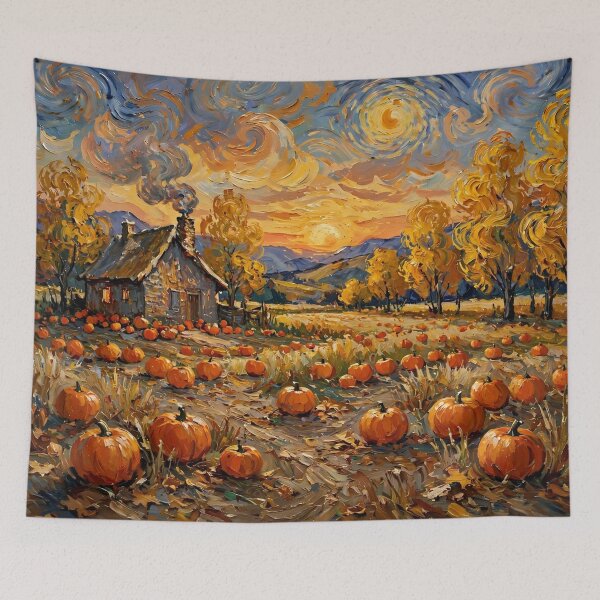Item preview, Impressionist Autumn Cottage with Pumpkin Field  designed and sold by Late Theory.