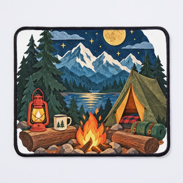 Item preview, Camping campfire by a mountain lake under a full moon designed and sold by LongIslandDesgn.
